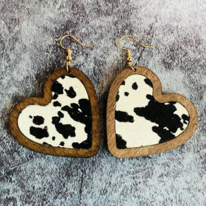 Wooden Heart Earrings- Cow Print