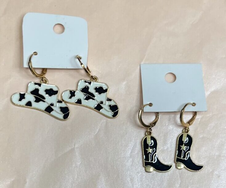 Cow Print Cowgirl Hat and Black Boot Earrings Set