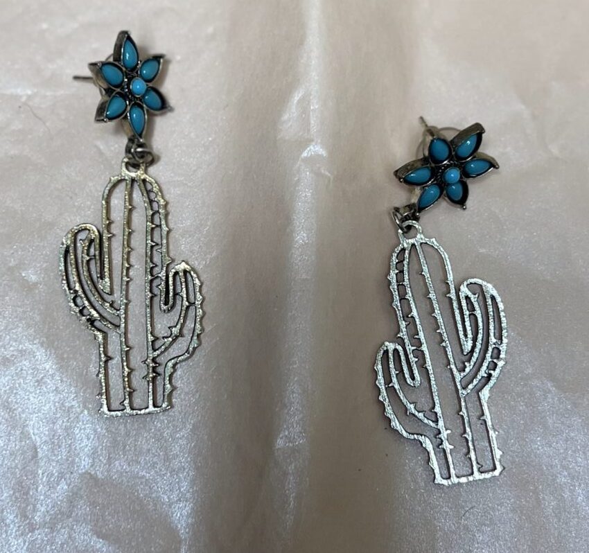 Cactus Earrings with Turquoise Flowers