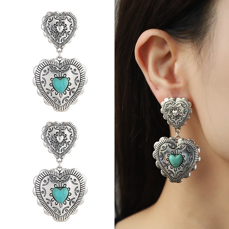 Double Heart Turqouise Concho Earrings