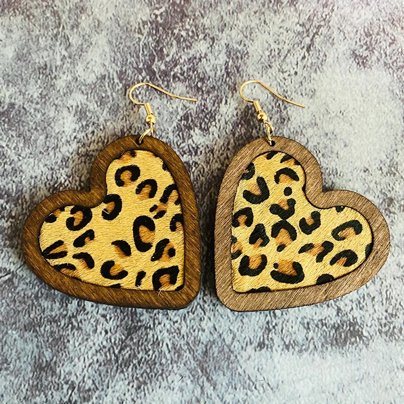 Wooden Heart Earrings- Cheetah